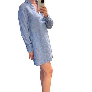 Artisan NY 100% linen Blue Split Neck Popover Shirt Mini dress pockets M